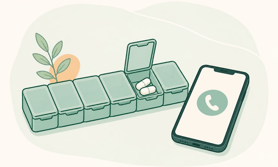 A weekly pill organizer with two plain unmarked capsules in one open compartment sits beside a phone with a neutral call symbol.