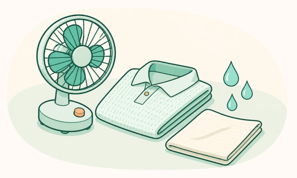 A small desk fan beside a folded shirt, absorbent cloth, and three water droplets.