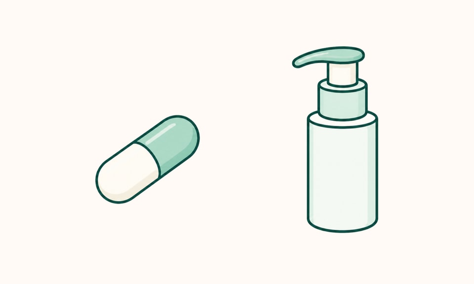 An unbranded oral capsule and an unbranded topical cream pump shown as separate acne-treatment formats on a warm off-white canvas.