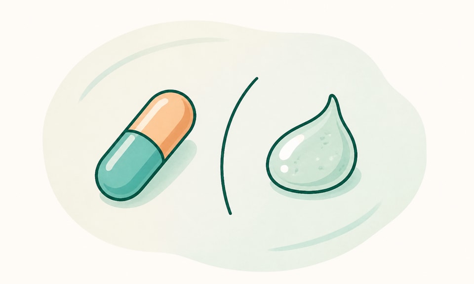 A compact unframed isotretinoin capsule and benzoyl-peroxide gel droplet shown as distinct formats on a warm cream canvas.