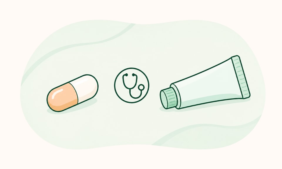 An unbranded oral capsule and OTC adapalene gel tube shown as distinct acne-treatment paths on a warm off-white canvas.