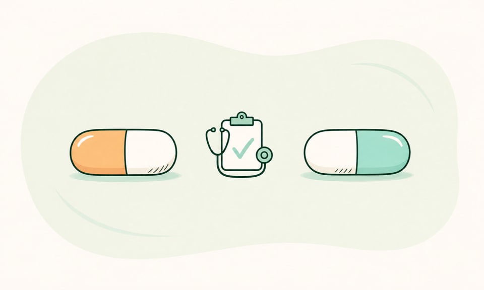Two distinct unbranded oral medication forms separated by a neutral clinician-review symbol on a warm off-white canvas.
