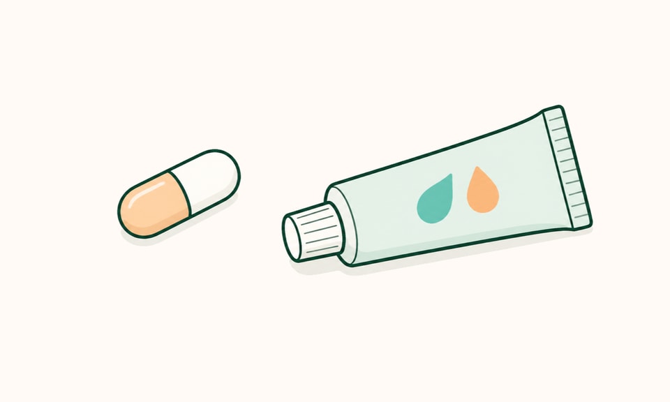 An unbranded oral capsule and a topical two-ingredient gel shown as separate acne-treatment paths on a warm off-white canvas.