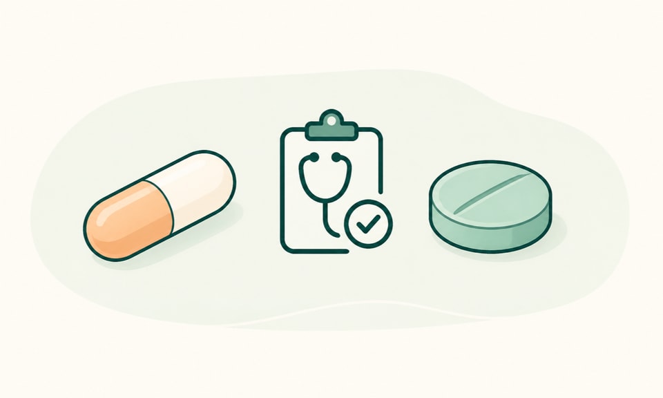 Two unbranded medication forms kept apart by a neutral clinician-review symbol on a warm off-white canvas.