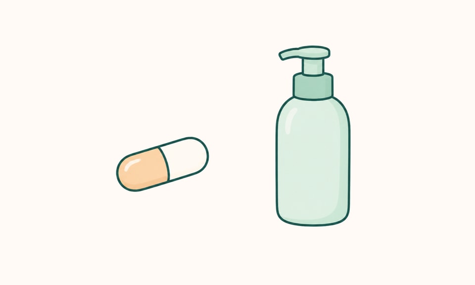 An unbranded oral capsule and an unbranded cosmetic skin-care bottle shown as separate product categories on a warm off-white canvas.
