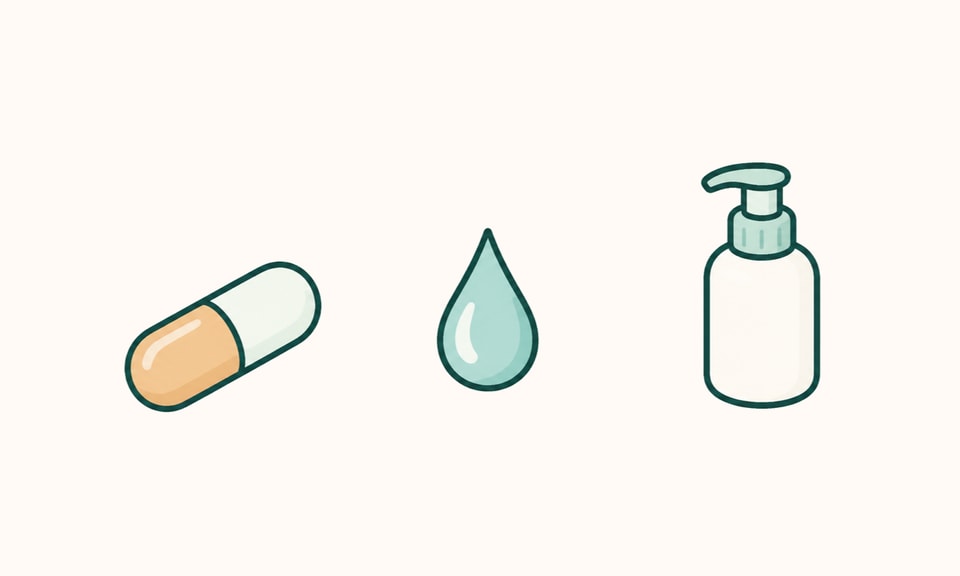 An unbranded oral capsule and a separate unbranded topical salicylic-acid droplet shown as distinct comparison paths on a warm cream canvas.