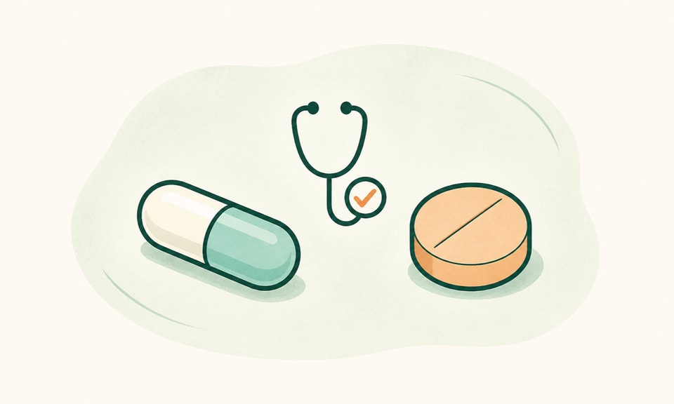 An unbranded capsule and a distinct unbranded tablet balanced as separate options around a neutral clinician-review symbol on a warm off-white canvas.
