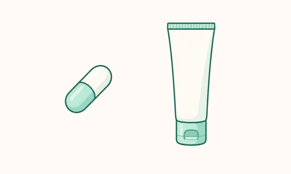 An unbranded oral capsule and an unbranded topical lotion tube shown as separate acne-treatment formats on a warm off-white canvas.
