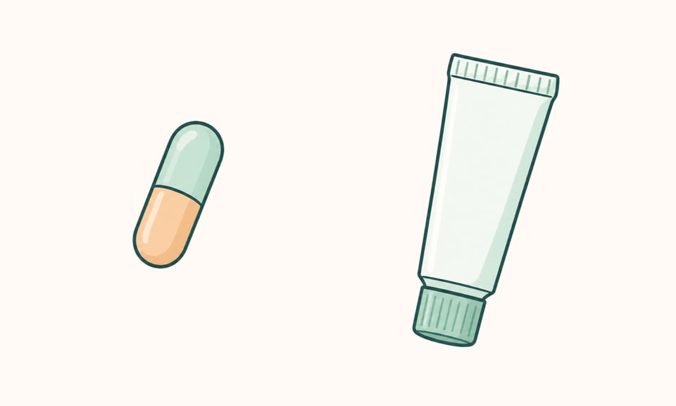 An unbranded oral capsule and a topical cream tube shown as separate acne-treatment paths on a warm off-white canvas.