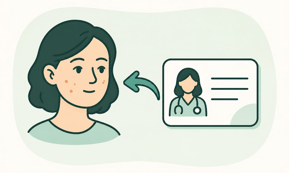 A stylized face with a few acne spots connects through a return arrow to a dermatologist follow-up card, showing reassessment rather than self-treatment.