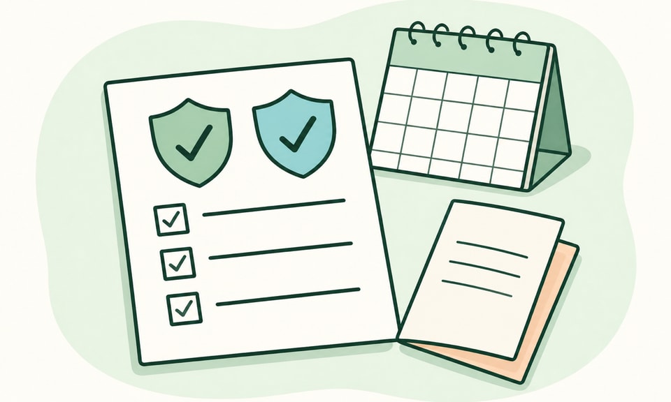 A private planning desk with a two-shield checklist, monthly calendar, and folded prescription leaflet.