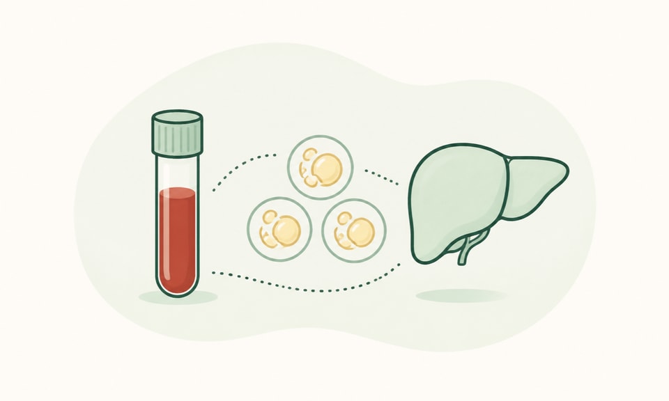 An unbranded blood-sample tube, neutral lipid circles, and a simple liver outline connected as a monitoring spot on a warm off-white canvas.