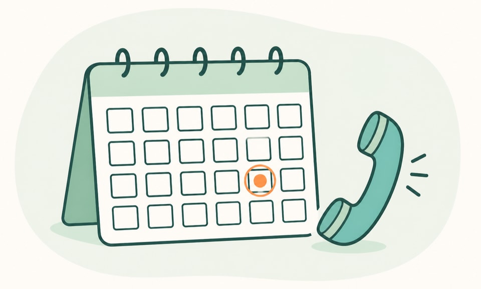A restrained editorial scene with an unlabeled cycle calendar, one missed-date marker, and a simple telephone receiver indicating a prompt call, with no pregnancy imagery or test result
