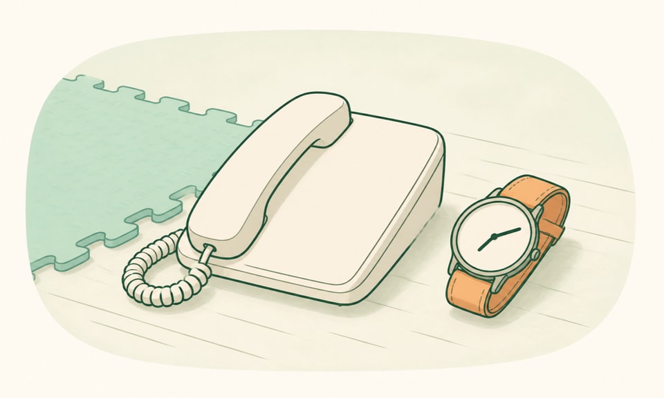 O masă liniștită de acasă, cu un telefon neobstrucționat lângă un ceas simplu și forme geometrice de covoraș protector moale.