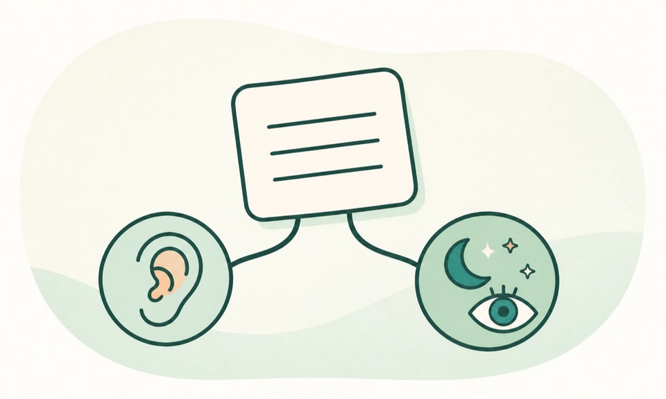 A symptom note branches to distinct hearing and night-vision follow-up symbols for effects documented as sometimes persisting after treatment.
