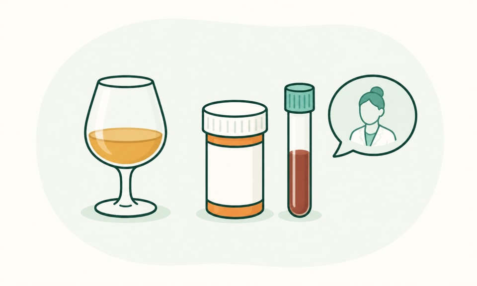 A stemmed drink is set aside beside a prescription bottle, fasting blood-test tube, and clinician conversation bubble; no amount or safe-drinking signal.