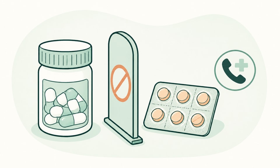 Two distinct medication forms are separated by a no-overlap barrier beside a pharmacist contact cue.