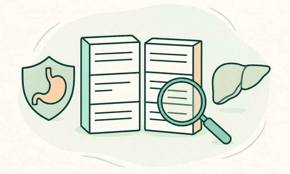 A compact editorial scene with two unlabeled single-ingredient Drug Facts boxes, a simple stomach shield symbol, a liver outline, and a magnifier emphasizing label review