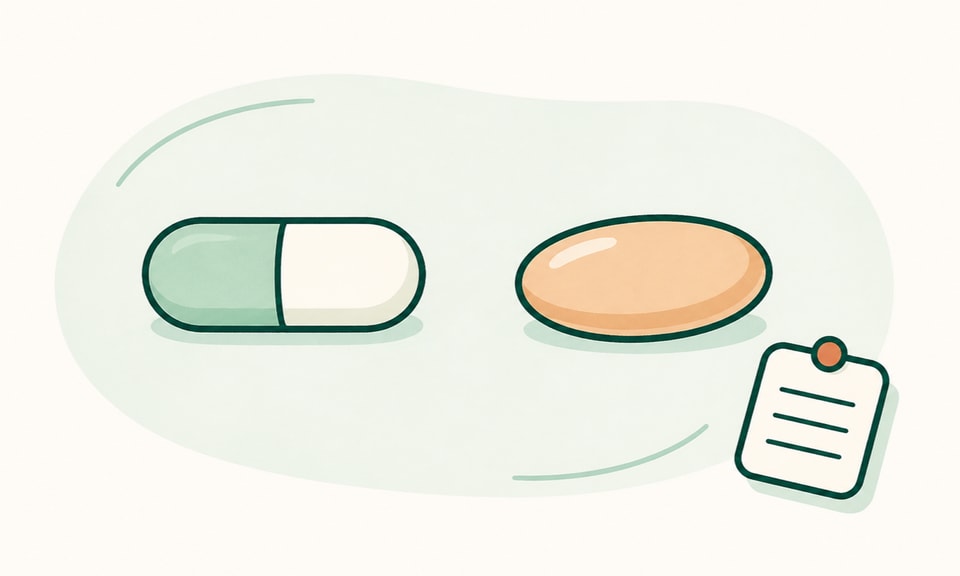 Two unbranded medicine silhouettes separated by a clear no-overlap gap and a clinician review marker on a warm cream canvas.