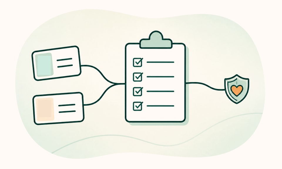 Two unlabeled prescription cards connect to one clinician checklist with a small safety shield.