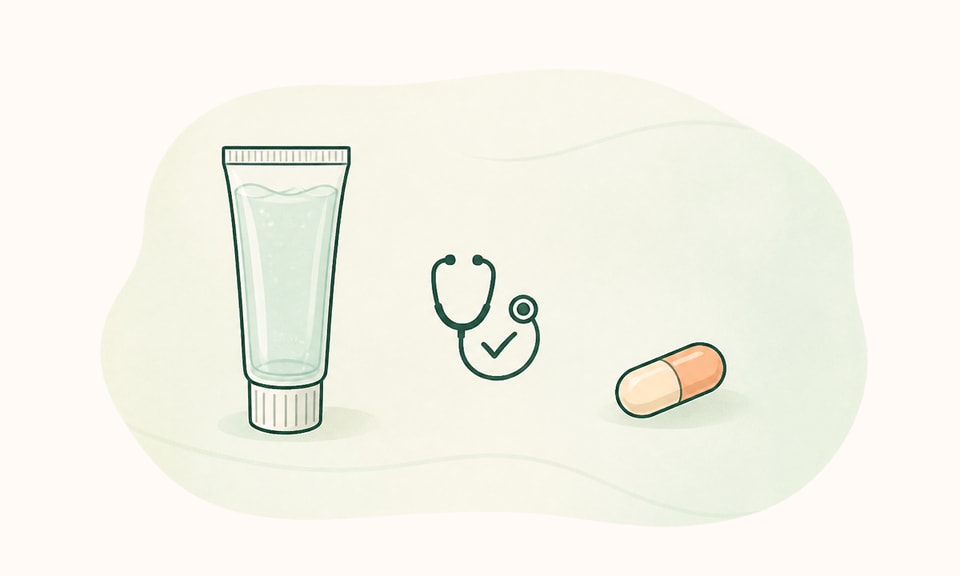 An unbranded adapalene gel tube and one oral capsule separated by a dermatologist review symbol on a warm off-white canvas.