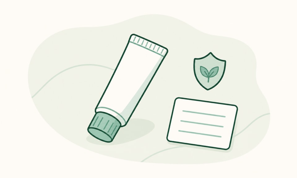An unbranded topical tube beside a small shield and a clinician review card on a warm cream canvas.