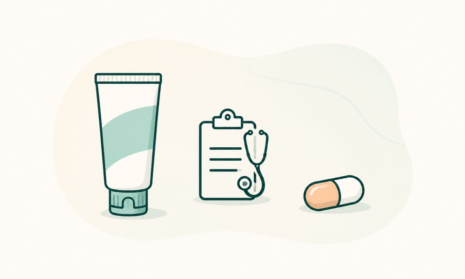 An unbranded topical cream tube and one oral capsule separated by a dermatologist review symbol on a warm off-white canvas.