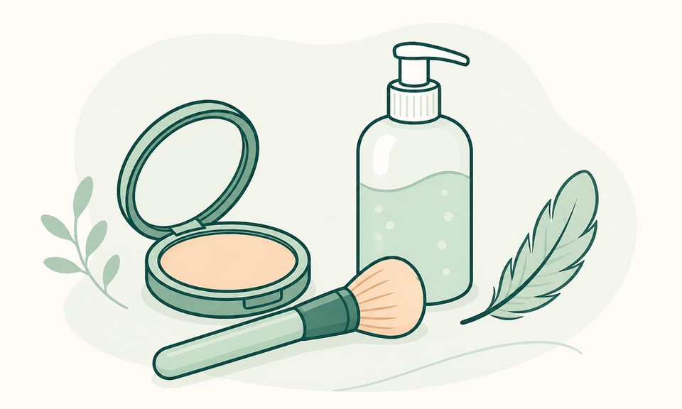 A sparse editorial scene with a plain compact, one soft makeup brush, a gentle cleanser pump, and a small feather symbol to communicate light-touch application and removal