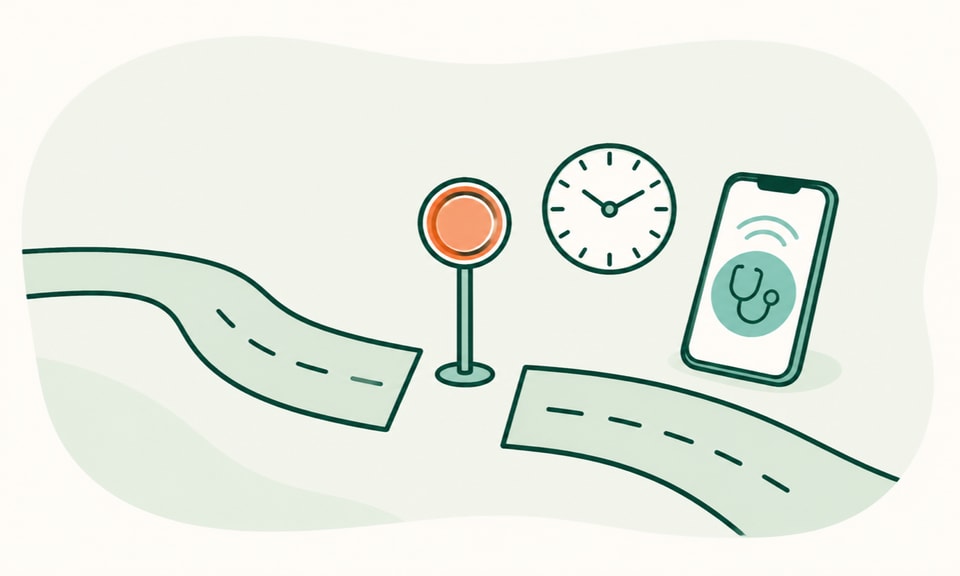 A treatment path pauses at a simple stop marker beside a clock and a phone with a prescriber-call symbol.