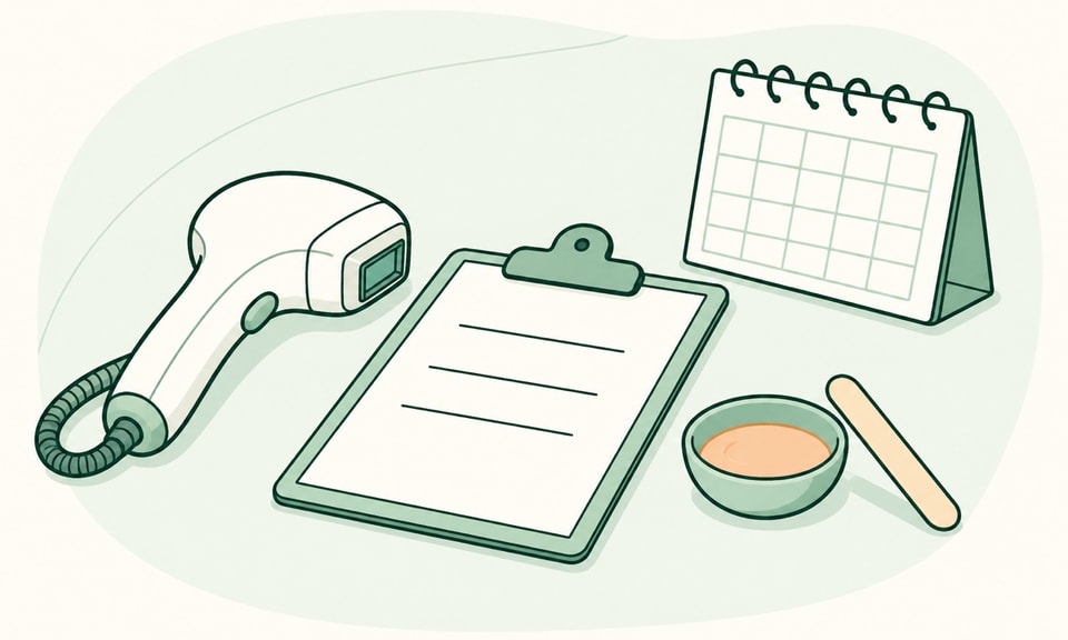 A dermatology consultation desk where procedure tools and a calendar are reviewed before treatment, with no procedure underway.