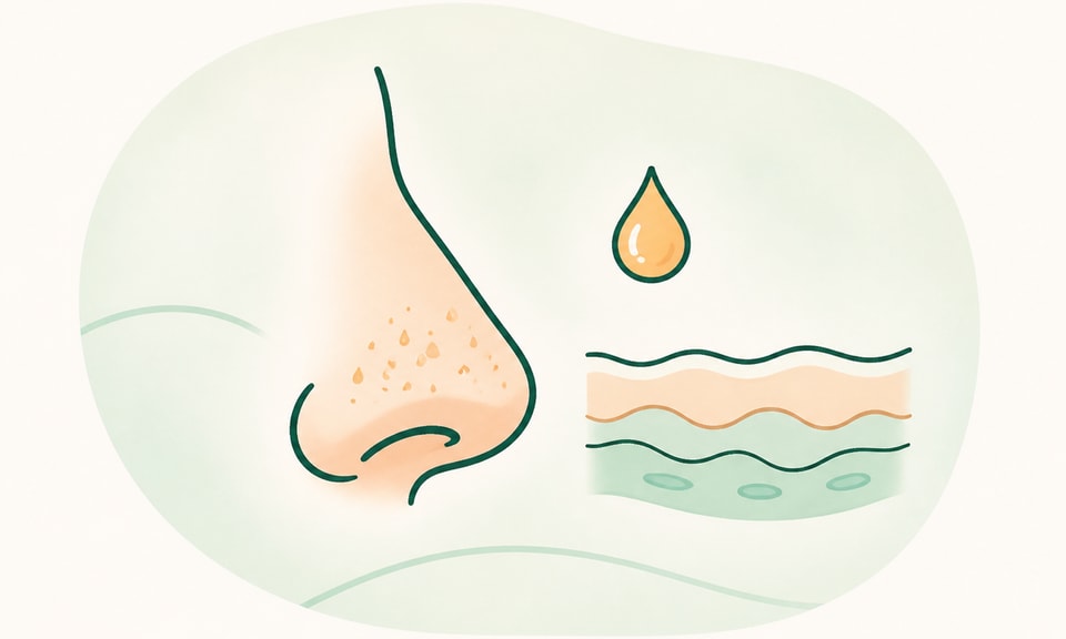 An abstract nose profile beside oil-drop and soft-tissue layer symbols on a warm cream canvas.