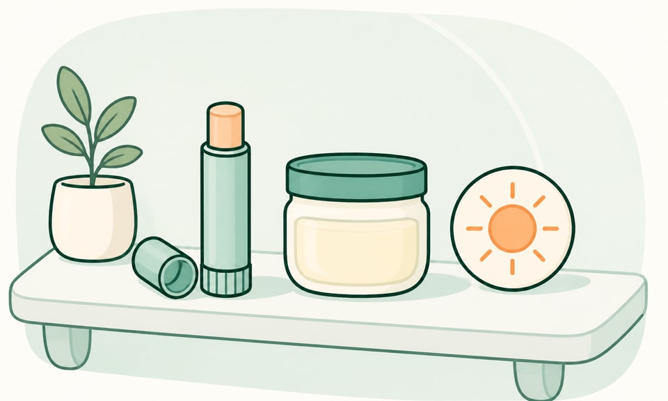 An open plain lip-balm tube and a small petroleum-jelly jar sit beside a simple sun-protection symbol on a clean bathroom shelf.