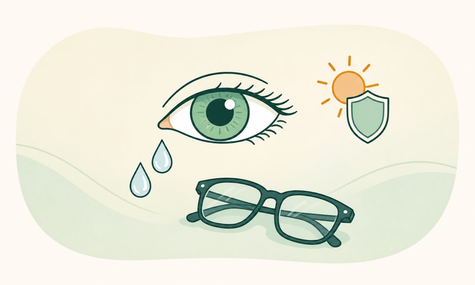 A compact eye-and-tear motif beside folded glasses and a small sun-shield symbol on a warm cream canvas.