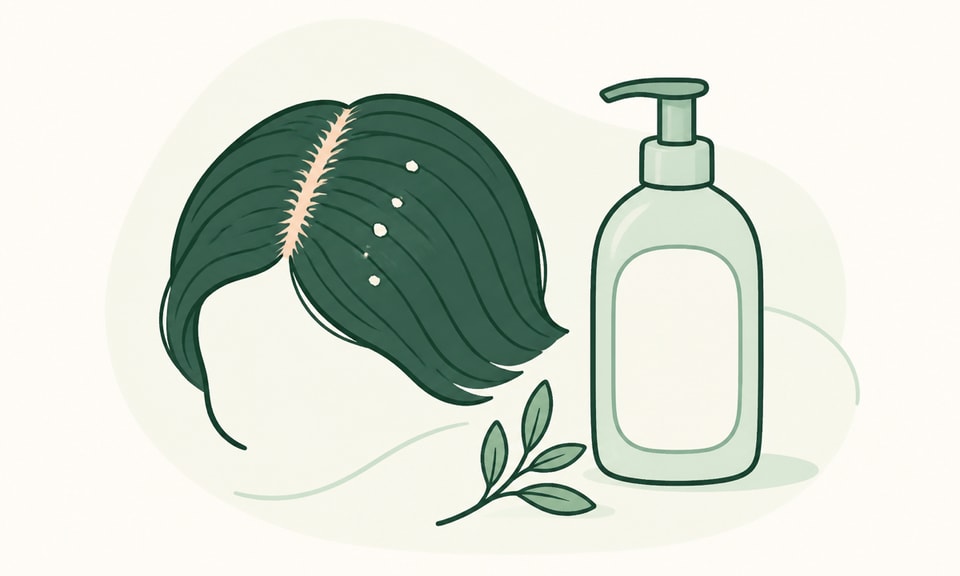 A simple editorial spot with an abstract hair-and-scalp silhouette, a few restrained dry flake marks, and one plain gentle-shampoo bottle with an empty label