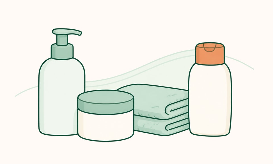 Gentle cleanser, moisturizer jar, folded towel, and sunscreen on a bathroom counter.