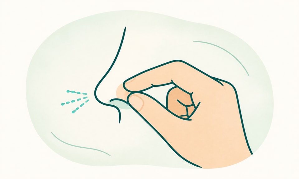 A compact editorial scene with an abstract nose profile, one moisture mist symbol, and a hand demonstrating gentle pressure at the soft nose, without showing blood