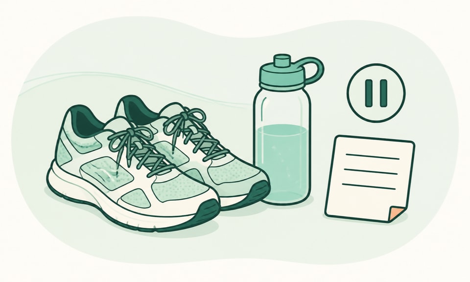 A pair of running shoes and a water bottle sit beside a simple pause symbol and a neutral symptom-note card.