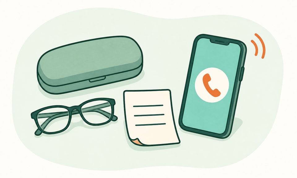 A plain eyeglasses case and a neutral headache note sit beside a phone with an urgent call symbol.