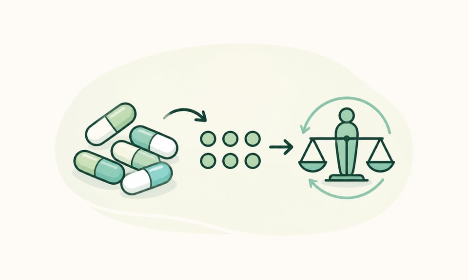Unbranded capsules, neutral tally dots, and a body-weight normalization symbol arranged as a compact calculation spot on a warm off-white canvas.