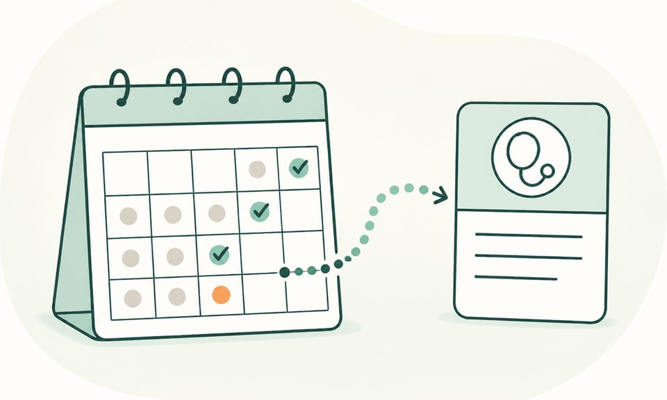 A treatment calendar with neutral progress markers connects to a dermatologist follow-up card without showing a skin outcome.