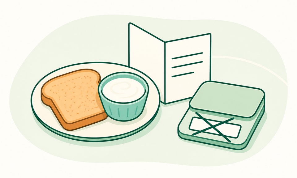 A meal plate with toast and yogurt sits beside an open prescription leaflet and a measuring scale whose number display is crossed out, emphasizing label directions rather than a universal gram target.