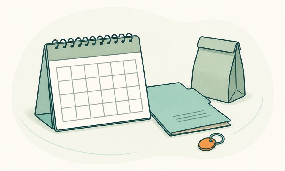 Ein Kalender neben einem schlichten Einwilligungsordner, einer unmarkierten Apothekentüte und einem kleinen Schlüsselsymbol auf cremefarbenem und mintgrünem Hintergrund.
