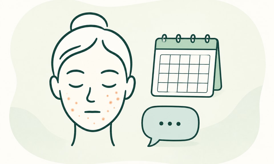 Neutral face outline with acne spots beside a calendar and message bubble, without an outcome trend.
