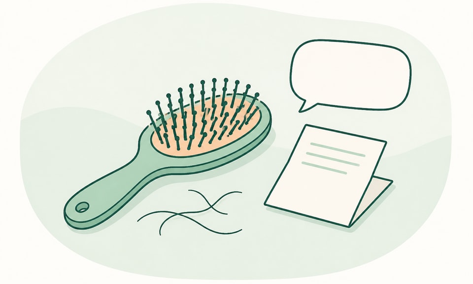 Hairbrush with a few loose strands beside a medicine leaflet and message bubble.