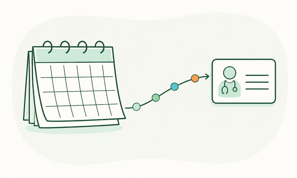 A multi-page calendar with several neutral checkpoint dots follows a curved path to a clinician review card.
