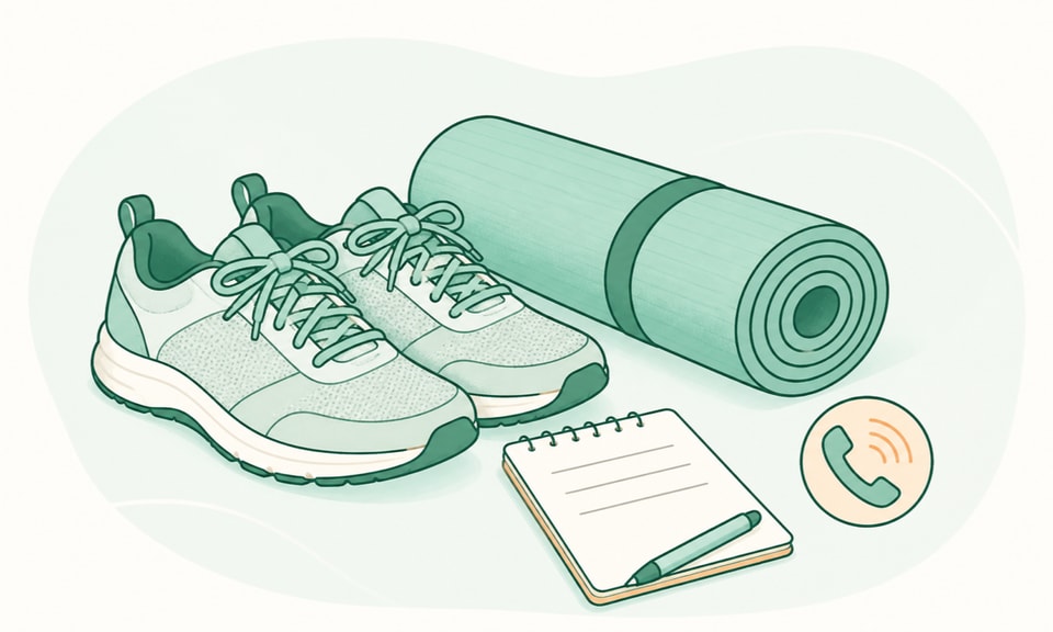 A pair of walking shoes and a rolled exercise mat sit beside a neutral body-symptom note and a phone call symbol.