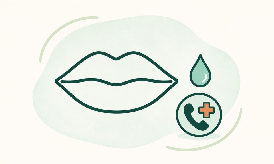 An abstract lip outline beside a droplet-shaped blister marker and a clinician-call symbol on a warm cream canvas.