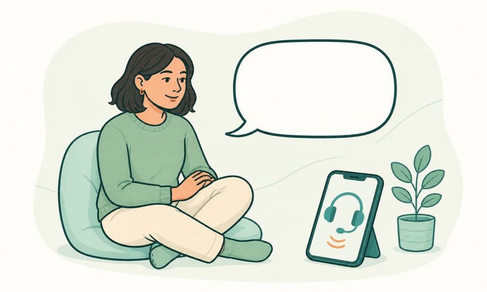 A calm seated adult beside an open speech bubble and a phone with a support-call symbol.