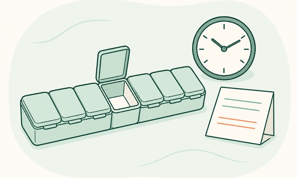 A weekly pill organizer with one clearly empty open compartment sits beside a simple analog clock and a folded patient-information leaflet.