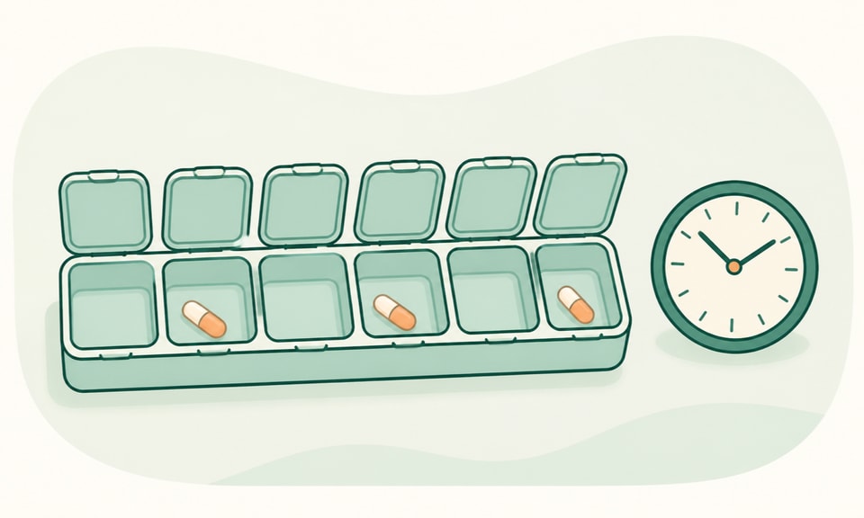 A weekly capsule organizer with several empty compartments beside a clock, showing a gap without suggesting a catch-up dose.